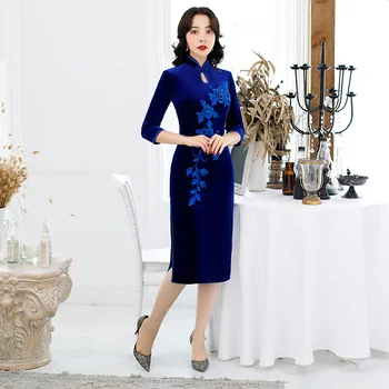 

Women Embroidery Chinese Dresses Blue Evening Party Dress Sxey Short High Split Cheongsam Velour Oversize 4XL Vestidos