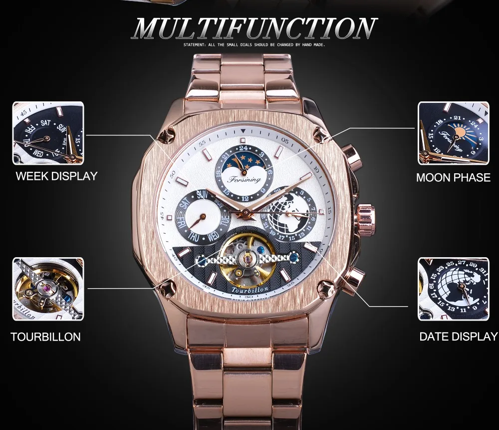 Forsining дизайнерские automatic Tourbillon часы мужские розовое золото Moonphase Дата Скелет механический пилот стальной ремешок Montre Homme