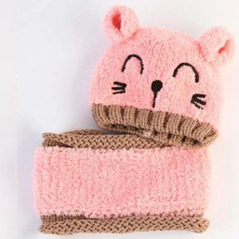 Kids Baby Boys Hat Knitted Winter Hooded Cap With Scarf Tie Up Warmer Hooded Scarf Earflap Knitted Cap