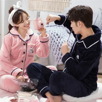 

Autumn And Winter Coral Fleece Couple Pajamas Ladies Thickening Plus Velvet Warm Flannel Winter Men'S Home Service Suit