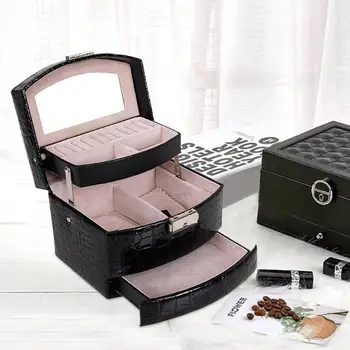 

Leather Automatic Buckle Jewelry Box Three Layers Cosmetic Organizer Portable Jewelry Organizer for Necklaces Earrings Rings