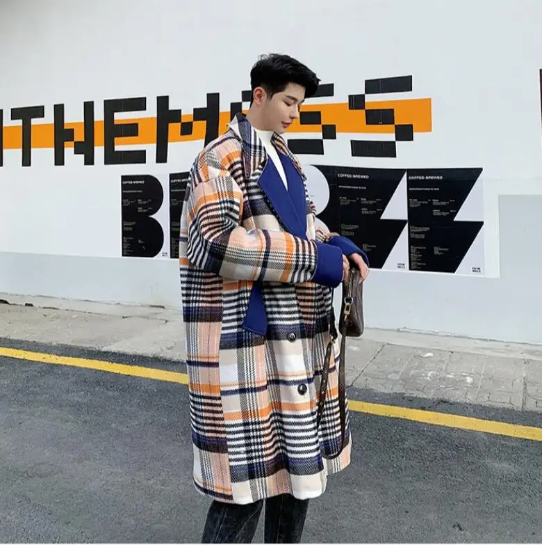 M-XL! Осенне-зимняя обувь стандарт отправки экземпляров chao туфли в английском стиле длинная двубортная одежда с цвет, подходящая к любому стилю одежды в клеточку шерстяное пальто мужские свободные плащ ja