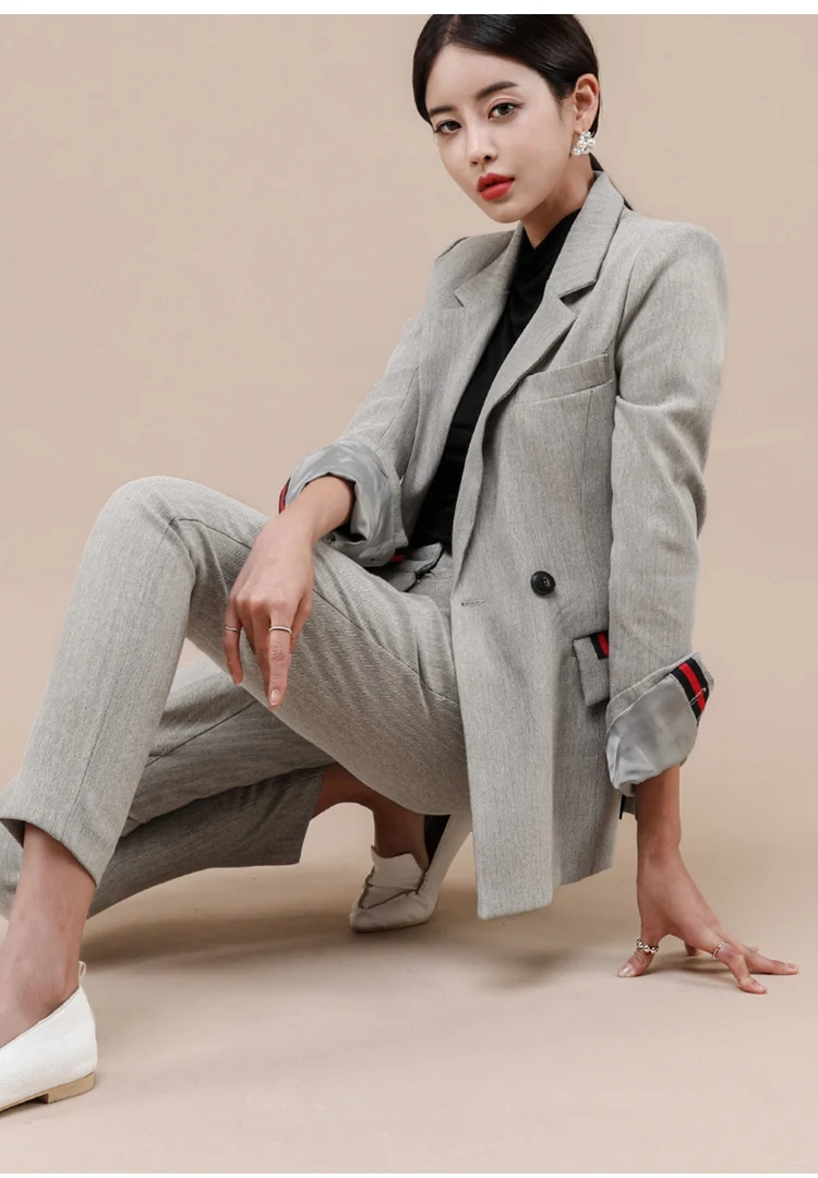 Для женщин 2 шт Бизнес костюм с блейзером комплект Slim Fit профессиональный женский с длинным рукавом брючные костюмы, модная, для девушек, для офиса, Повседневная обувь
