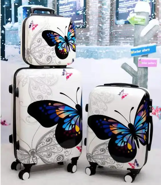 CHENGZHI 2" 24 дюймов бабочка чемодан на колёсиках набор колеса для женщин Дорожный чемодан Spinner большой емкости кабина сумка на колесиках - Цвет: 14 20 24inch