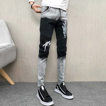

Spring Jeans Men Brand New All Match Denim Pants Men Hip Hop Patchwork Color Print Streetwear Slim Fit Men Jeans Trousers