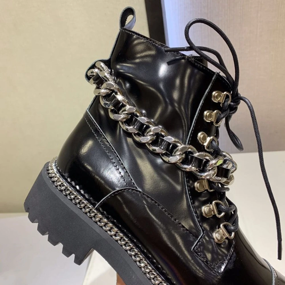 Дамские черные сапоги из натуральной кожи женские мотоботы в стиле панк цепочка