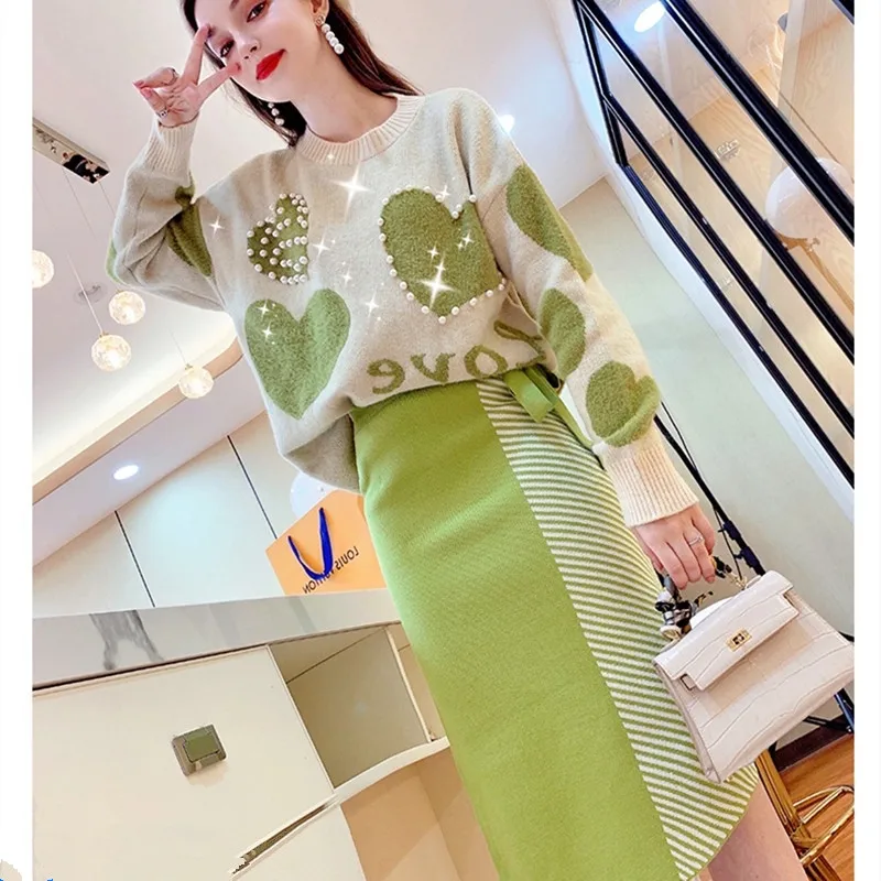  Women Sweet Heart Shaped Beaded Pullover Jumper Top And Irregular Striped Skirt Knit Sweater Two Piece set JKP5876
