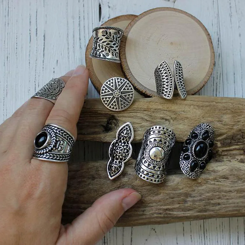 Ring Set Gold Color Rings Finger Ring Gold Color Ring Silver Ring Adjustable Rings Jewelry Accessories 8PCS Women Vintage Rings
