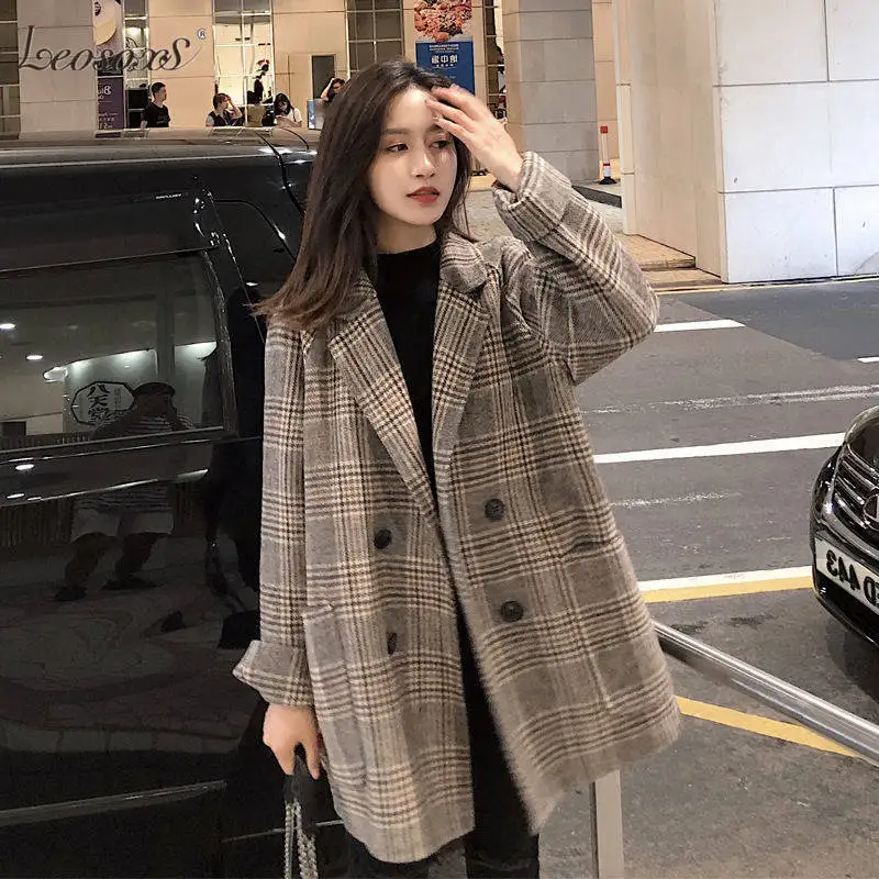 

2020 New Chic Plaid Woolen Women Jacket Thick Office Lady Pockets Work Coat Ladies Loose Double Breasted Outerwear Tops
