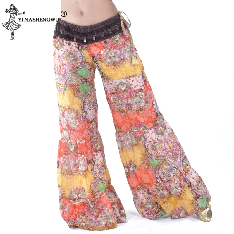 Chiffon Belly Dancing Costume For Women Dance Trousers Big Flower Pants Loose Indian Clothes | Тематическая одежда и