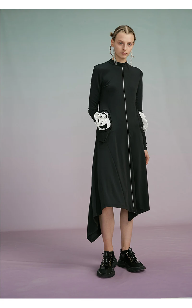 [EAM] женское черное асимметричное вязаное платье, новинка, воротник-стойка, длинный рукав, свободный крой, мода, весна-осень 19A-a469