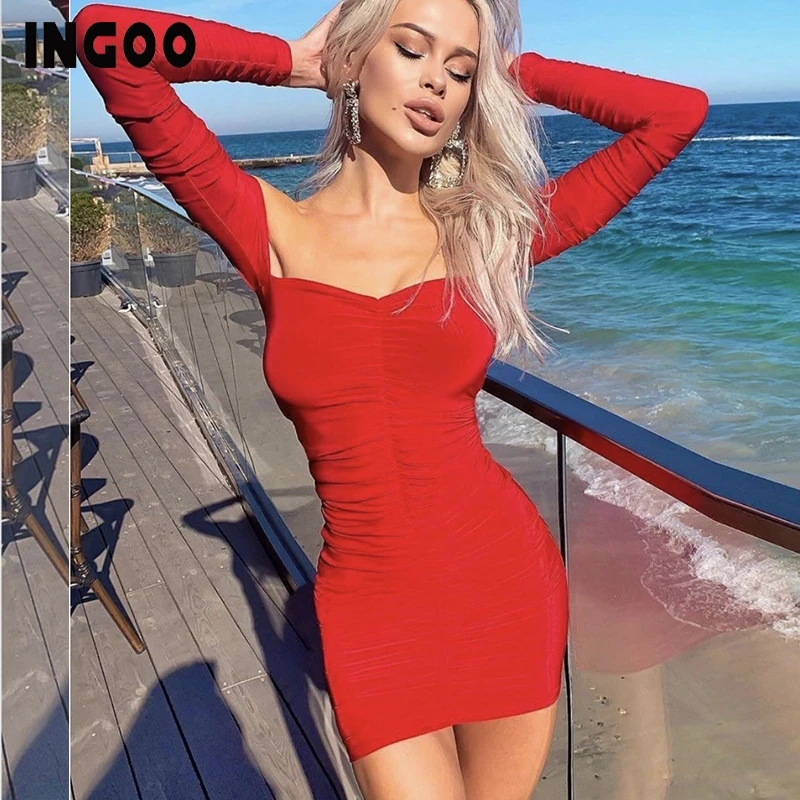 

INGOO Sexy Strapless Ruched Bodycon Short Dress 2019 Party Club Elegant 5 Color Slash Neck Off Shoulder Pencil Mini Dresses