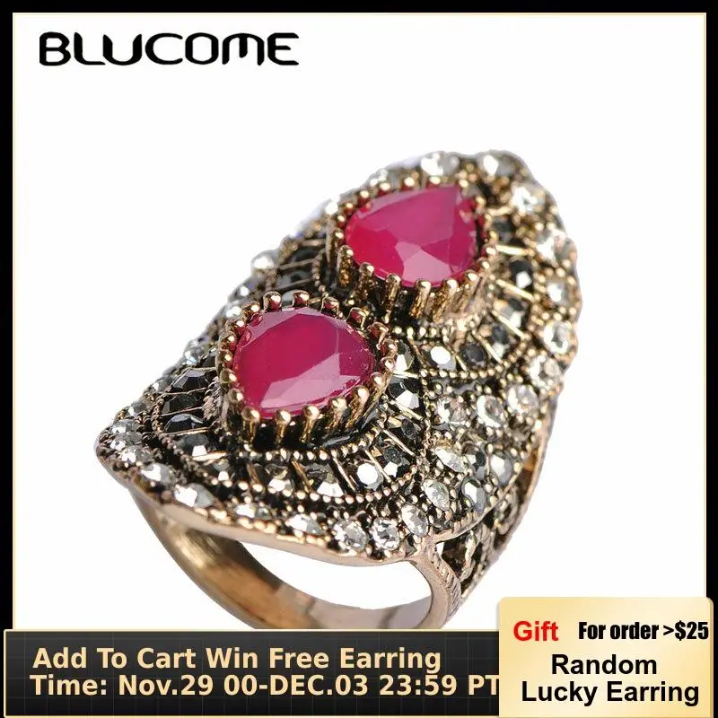 

Blucome Retro Style Royal Design Large Size Ring Green Vintage Turkish Big Wide Ring Alloy Jewelry For Women Girl Party Bijoux
