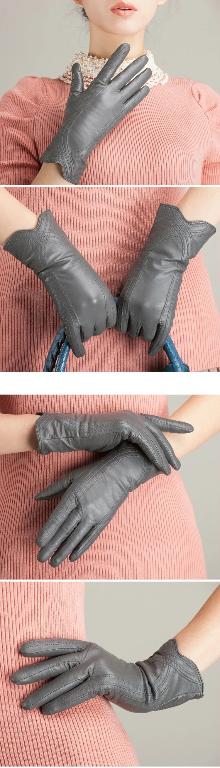 Ladies Fashion Winter Insulated Gloves Leather Hand-made Curved Sheepskin Gloves Soft Smooth Elastic Gloves ST07505
