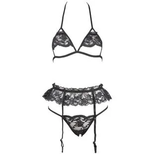 

Delicate lace bra back neck tie ultra thin cup black bare chest bare PP lingerie sexy three-piece set