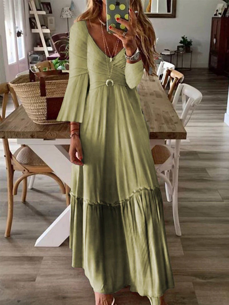

Bell Sleeve Colorblock Vitage Long Dress Women Autumn Drop Waist Dress Ruffle Hem Loose Ruched Dresses
