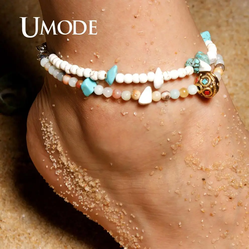 UMODE 4MM Amazonite Stone Nepalese Beads Anklets for Women Vintage Multilayer Bohemian Charms Vsco Bracelet Foot Jewelry PA0046
