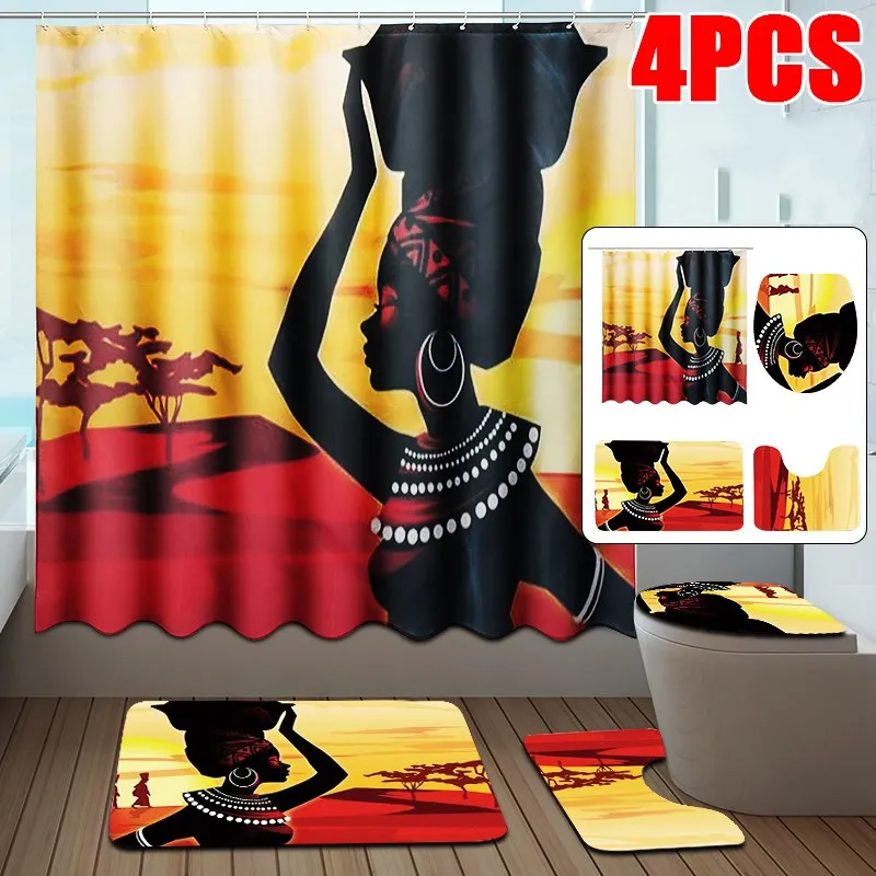 Set of 1//3//4Pcs African Girl Shower Curtain With Bath Mats Rugs Toilet Cover Mat