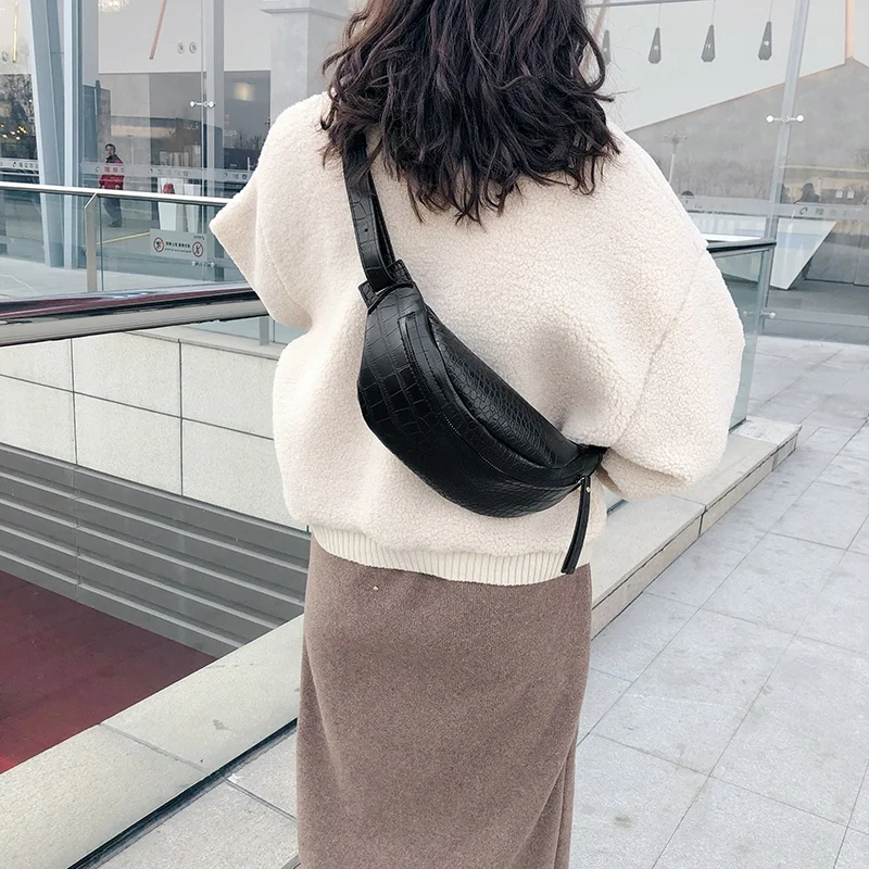 NEW-Crocodile Pattern Pu Leather Waist Bags For Women Solid Color Funny Packs Ladies Belt Bags For Phone Female Funny Pack(Black