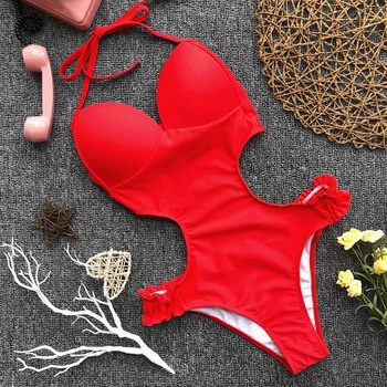 

2020 Swimwear Ruffle One Piece Swimsuit Women Backless Monokini Swimsuit Sport Bodysuit Beach Wear Red Swim Bathing Suit Biquini