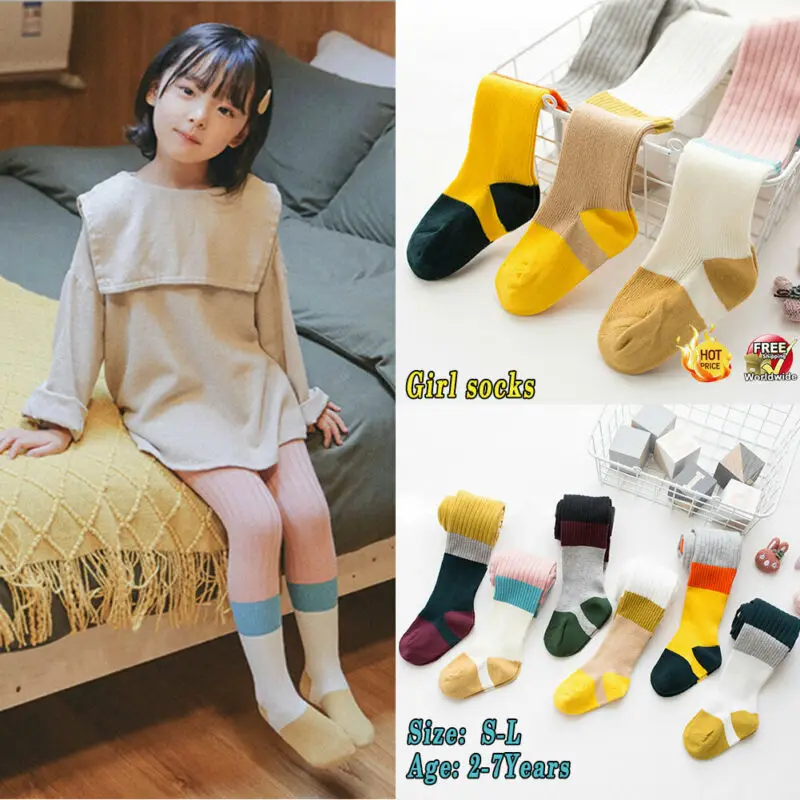 

PUDCOCO Toddler Baby Girl Kid Style Knee High Base Color Matching Striped Autumn Winter Warm Leggings 2-7Y