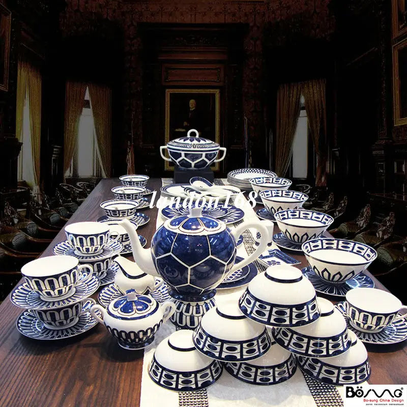 

58 pcs ceramic western dinnerset Bone china tableware set Porcelain dinnerware blue coffee cup and saucer set Festival gift