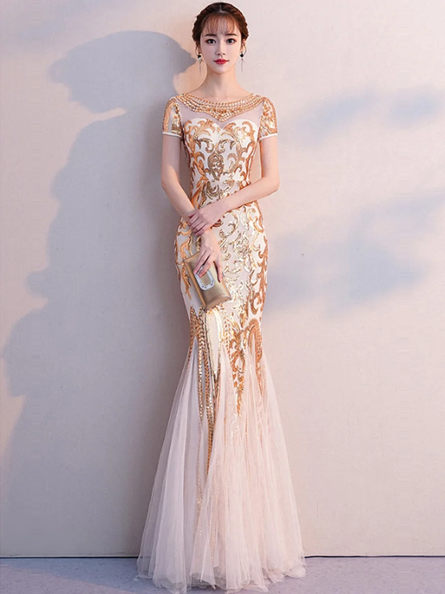 Вечерние платья Robe De Soiree с круглым вырезом и коротким рукавом, элегантное вечернее платье в пол с блестками и кристаллами, вечернее платье F276