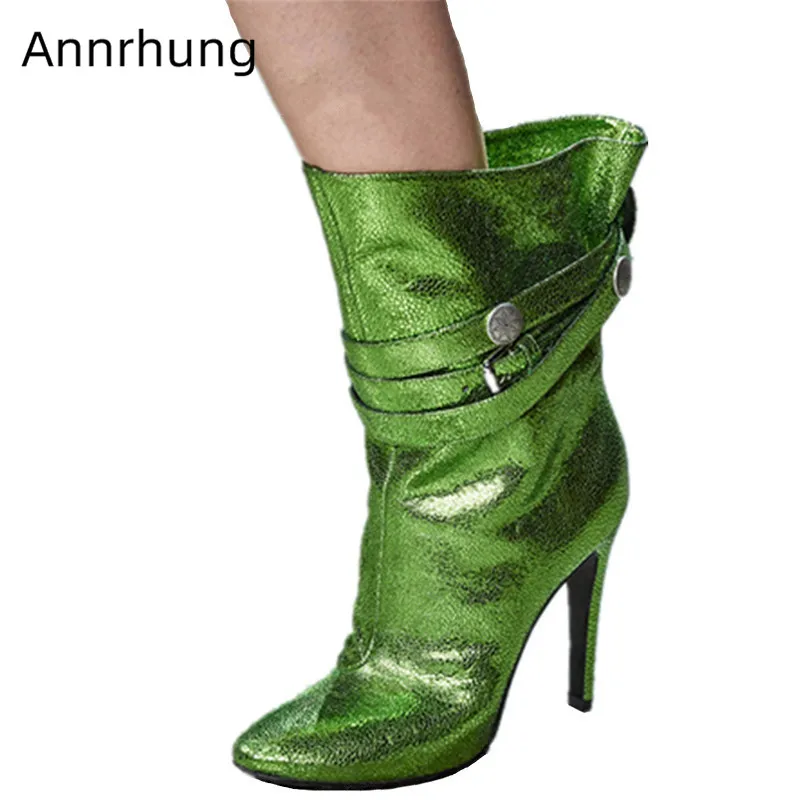 

Bling Walking Boots Woman Round Toe High Gladiator Heel Bottes Mid Calf Decor Narrow Belt Buckle Botas 2020 New Fashion Boots 42