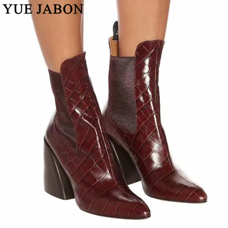 

Genuine Leather Footwear New Ankle Boots Rubber Riding Feminine Shoes Women's High Heels Booties Thick Heels shoes Women