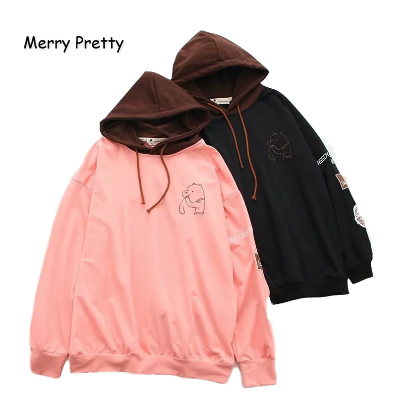 Merry Pretty, женские толстовки с вышитым мультяшным медведем из кусков, свитшоты Winte Plus, милые бархатные пуловеры с капюшоном в стиле Харадзюку
