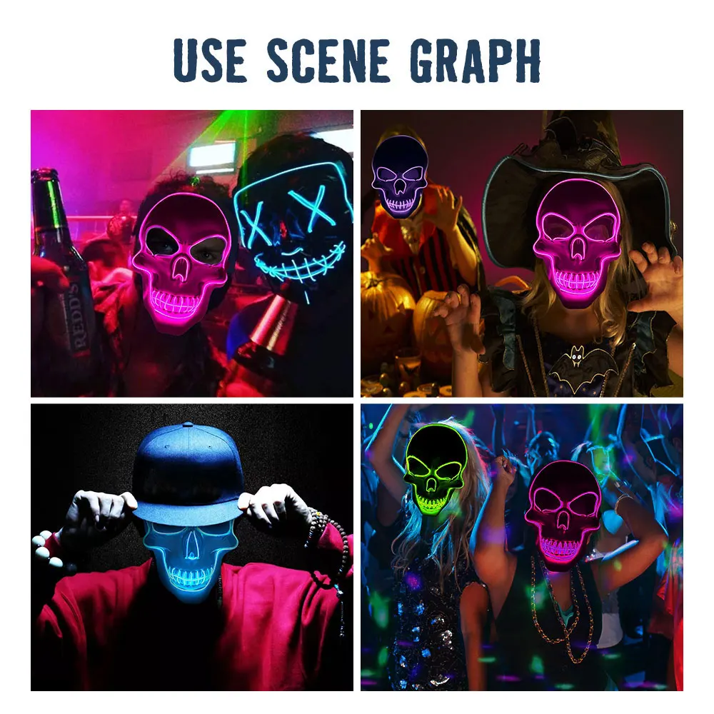 

Hot Skeleton LED Mask Glow Scary EL-Wire Mask Halloween Dancing Party Bar Carnival Night Light Up Cosplay Masks Masquerade Mask