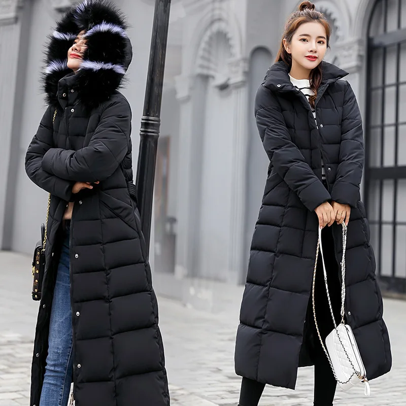 

Winter New Style Women's Black Thickened Cotton Padded Coat Long Big Hairy Collar Red Parka Warm Down Cotton Jacket
