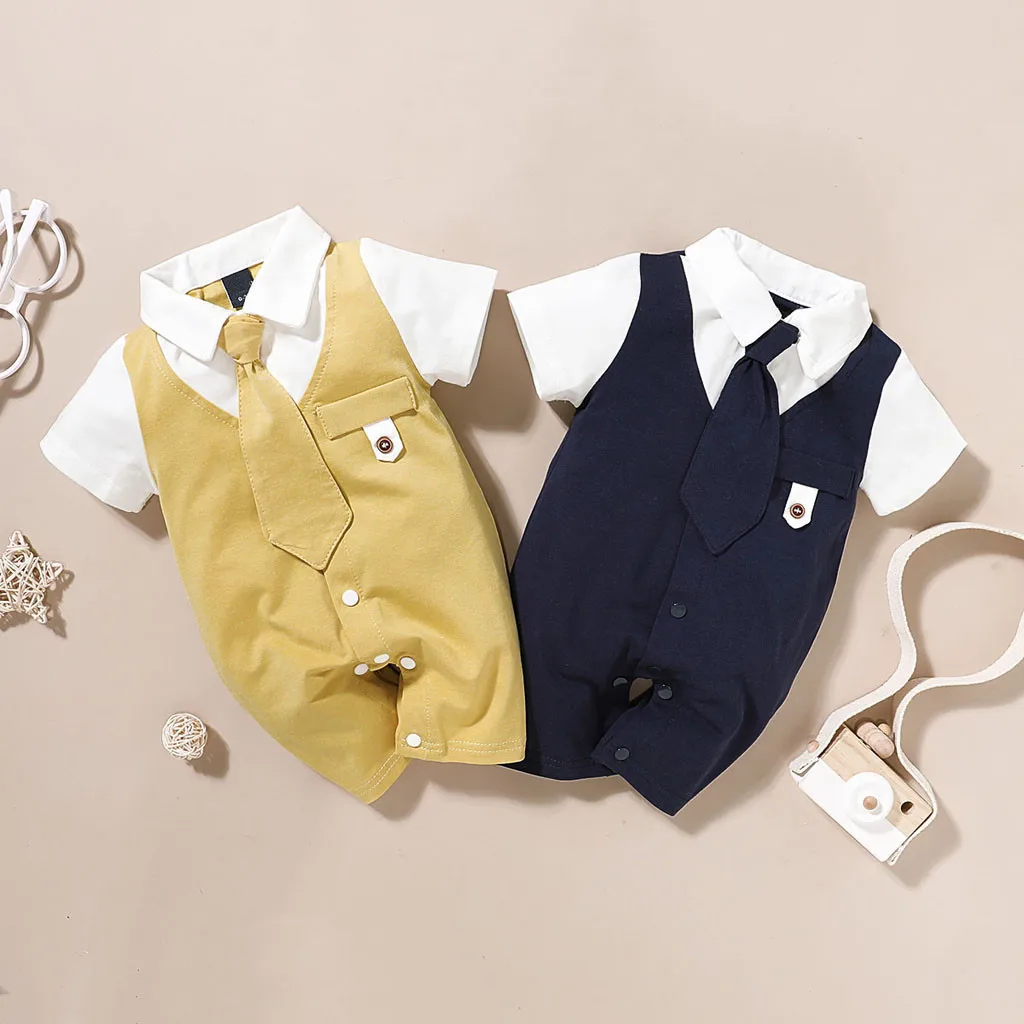 Newborn Infant Baby Boys clothes Solid Gentleman Tie Romper Jumpsuit Outfits Baby Clothing Short Sleeve T-shirt #C