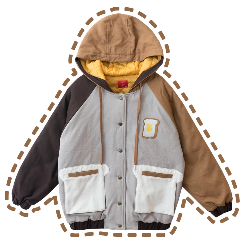 Toast Bread Patchwork Thick Women's Winter Coat Parka Long Sleeve Button-down Hooded Coat Outwear