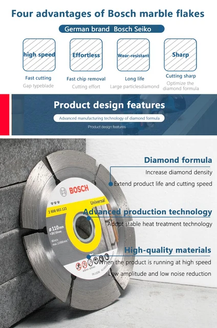Bosch-disco de diamante de 105mm, hoja de mármol General, Material de mármol, ladrillo vitrificado de hormigón, corte de hoja seca y húmeda, amoladora angular 4