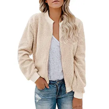 

Jacket coat women's simple autumn and winter zipper warm long sleeves cute solid color plush loose cardigan coat outwear vogue