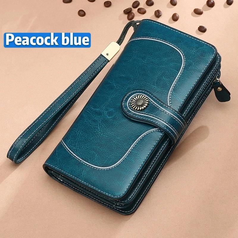 Peacock blue Сплошной цвет длинный тип масла Воск бумажник британский стиль бумажник все цвета на молнии из искусственной кожи чехол-бумажник - Цвет: Peacock blue