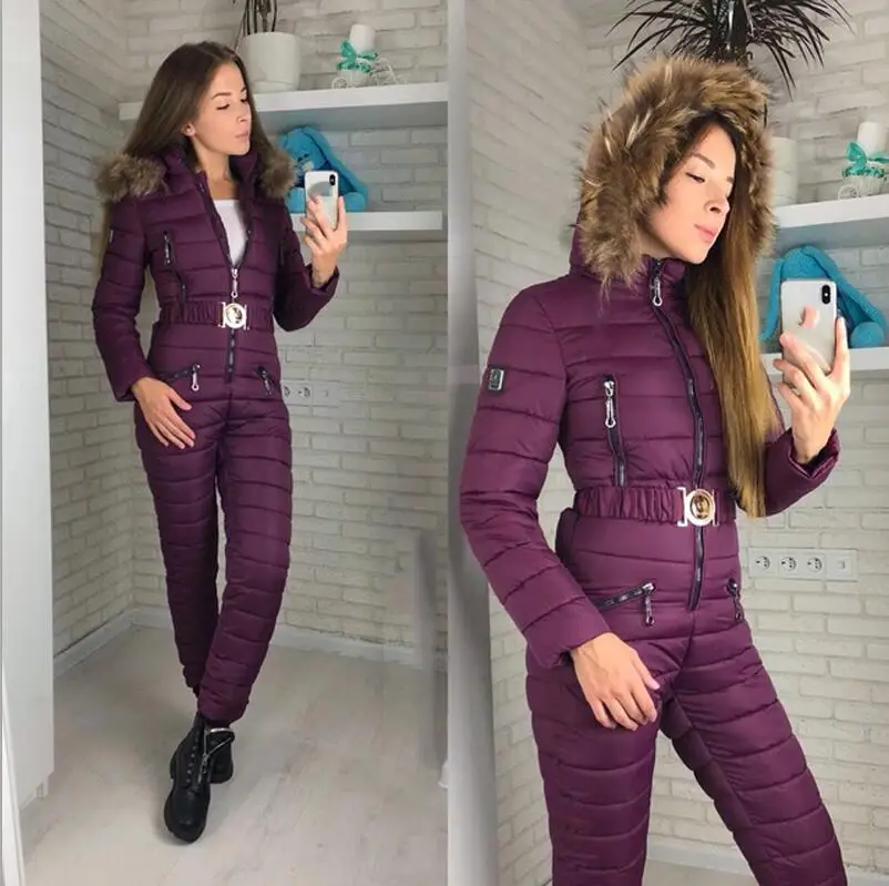 Purple Зимняя новая черная цельная Лыжная одежда Пояс Женская цельная хлопковая одежда 1,5 кг - Цвет: Purple
