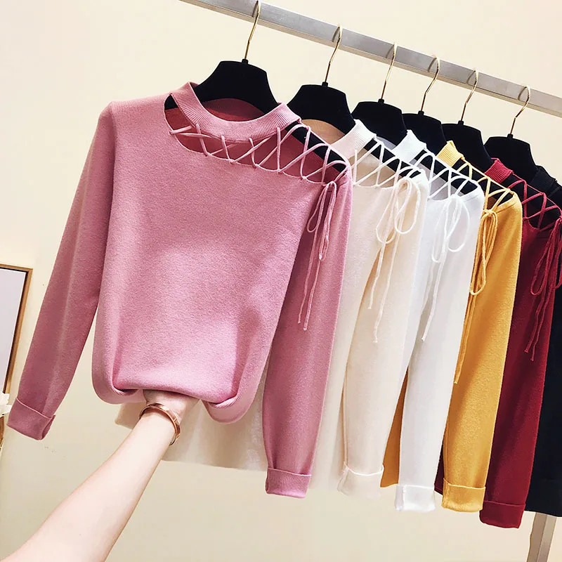 

Knit sweater women2019 women sweaters and pullovers O-Neck korean solid Lace Up sweater ladies white and yellow sweater 5942 50
