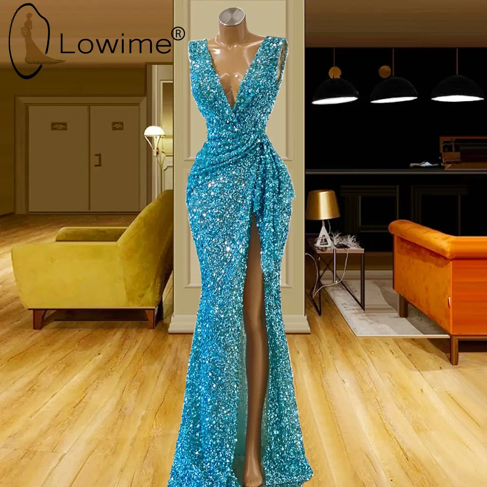 

Light Blue Sexy Deep V Neck Long Mermaid Evening Dresses 2021 High Split Sequin Prom Party Gowns