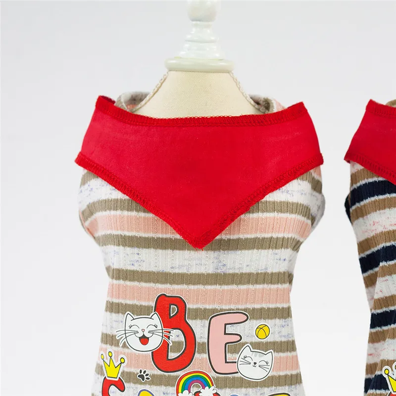 Spring and Summer Pet Clothes Dog Costume Cute Red Scarf Small Dog Vest Stripe Print Top Shirt T-Shirt for Yorkshire Terrier Pug