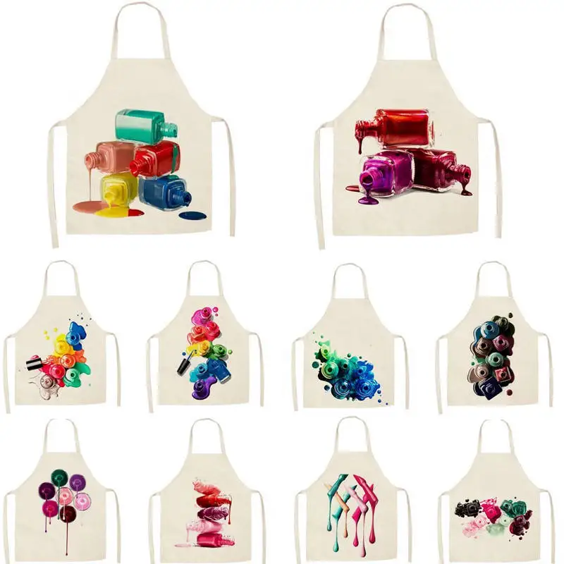 1Pcs Kitchen Apron Colorful Nail Polish women Printed Sleeveless Cotton Linen Aprons for Men Women Home Cleaning Tools WQTF05