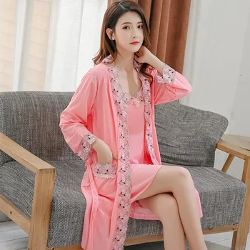 

Bathrobe womens New Large Size plus Fat Mid-Length Two-Piece Sling Nightgown Loose Lace tops and blouses Women's robe femme robe