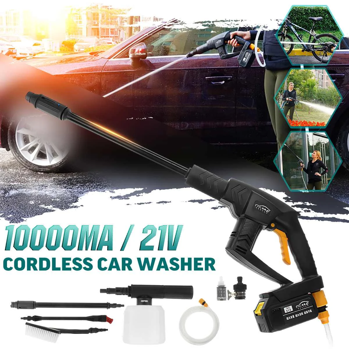 

21V Cordless Rechargeable Car Washer High Pressure Hose Cleaner+ 10000mA Battery Car Jet Watering Spray Sprinkler Cleaning Tool