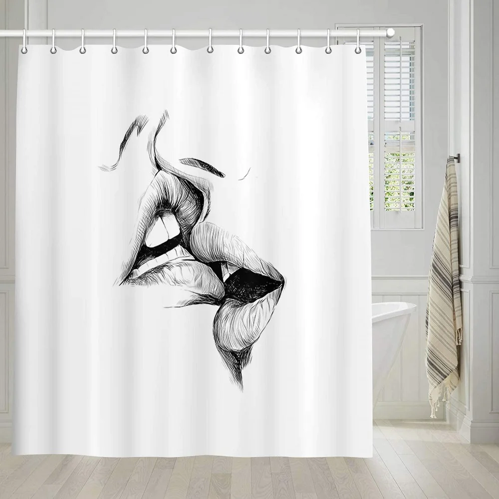 Love Decor Shower Curtain,  Black and White Lips Art Print Sexy Female Kiss Sketch Design,  Fabric Bathroom Shower Curtain Set