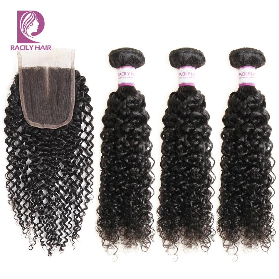 

Racily Hair Natural Peruvian Kinky Curly Hair Weave Bundles With Closure 3/4 Bundles With Lace Closure Remy Human Hair Extension