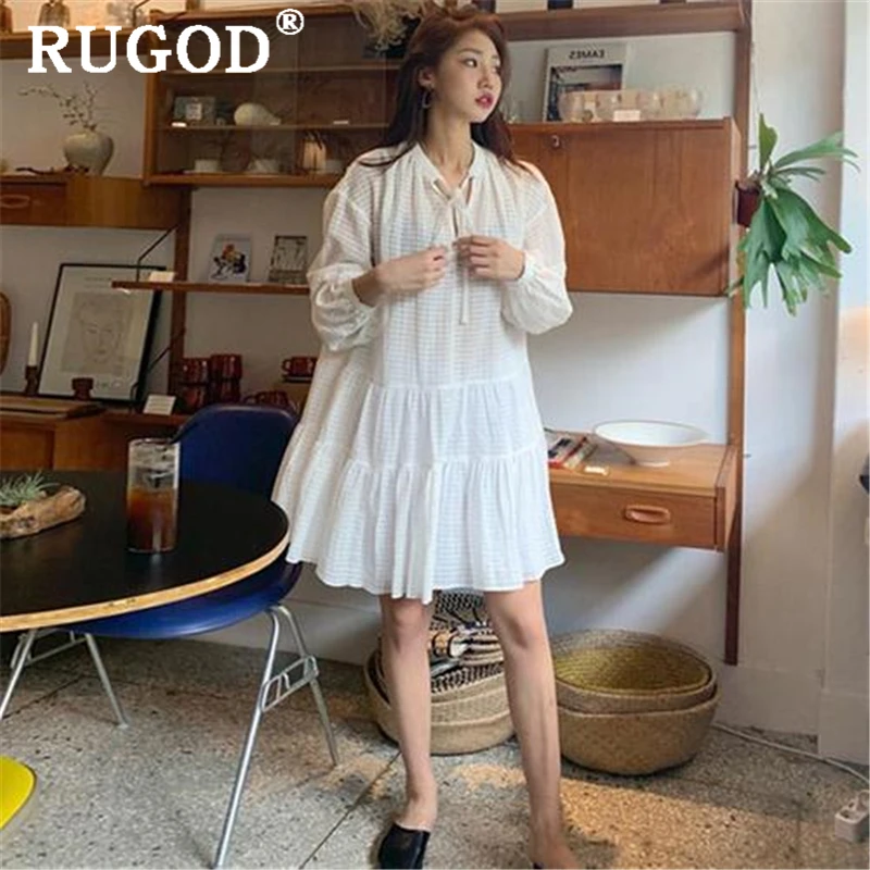 

RUGOD Korean solid white women dress Fashion lace up round neck ruffles puff sleeve dress female Elegant auturm loose dresses