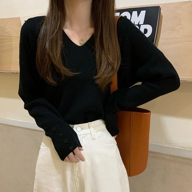 

Jlong Women's Sweaters Autumn Knitted V-Neck Bottoming Tops Female Casual Solid Color Sweater