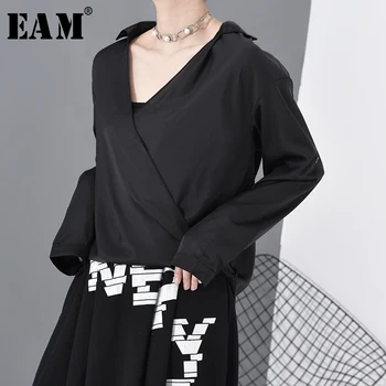 

[EAM] Women Black Brief Temperament Blouse New V-collar Long Sleeve Loose Fit Shirt Fashion Tide Spring Summer 2020 1R632
