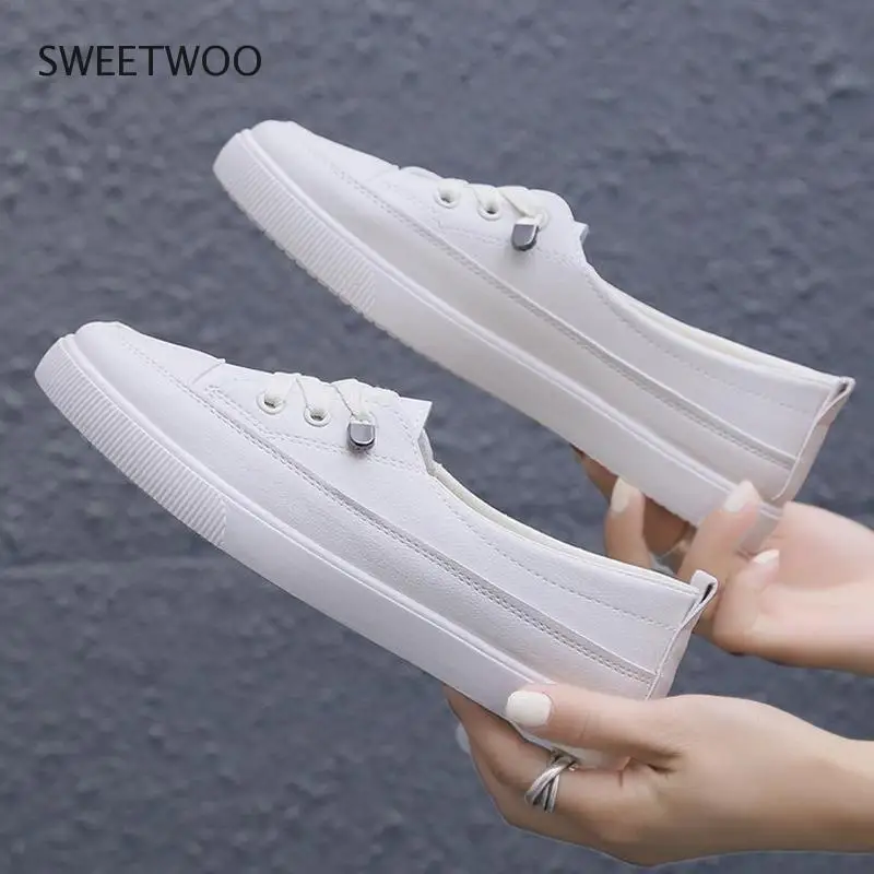 Low platform sneakers women shoes female pu leather Walking sneakers Loafers White flat slip on casual shoes
